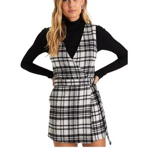 Lulus Romper Wrap Skort Remarkable Aesthetic White and Black Plaid Large NEW